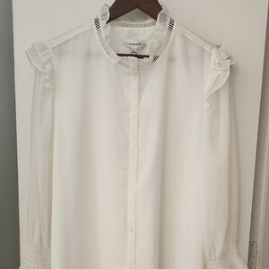 Calvin Klein Ivory Ruffle-Trim Sheer Button Blouse